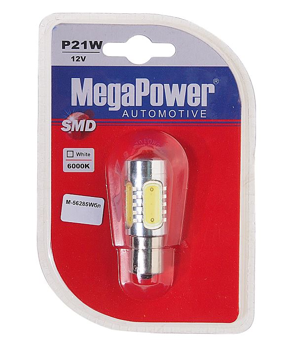 Автолампа светодиодная P21W (BA15s) 5 SMD MEGA WHITE блистер 6000K 12V MEGAPOWER /1/50