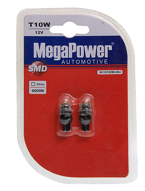 Автолампа светодиодная T10W (W2,1x9,5d) 1 SMD CREE WHITE блистер (2 шт) 6000K 12V MEGAPOWER /10/100