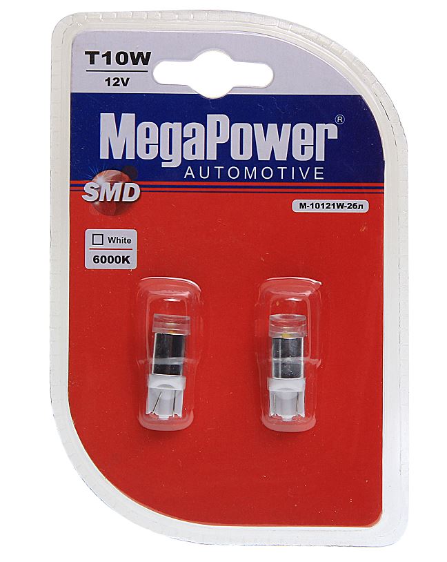 Автолампа светодиодная T10W (W2,1x9,5d) 1 SMD CREE WHITE блистер (2 шт) 6000K 12V MEGAPOWER /10/100