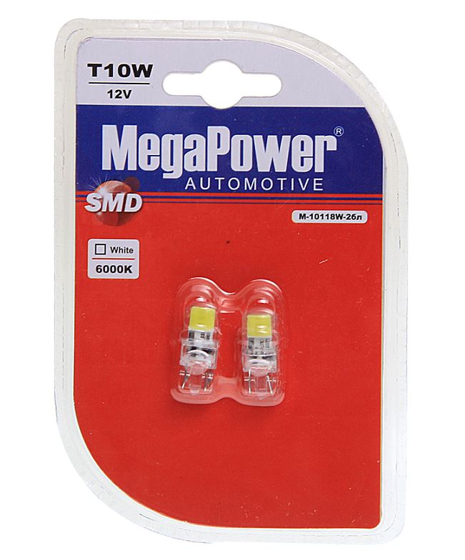 Автолампа T10W (W2,1x9,5d) 2 LED COB WHITE блистер (2 шт) 6000K 180лм 12V MEGAPOWER /1/10 /