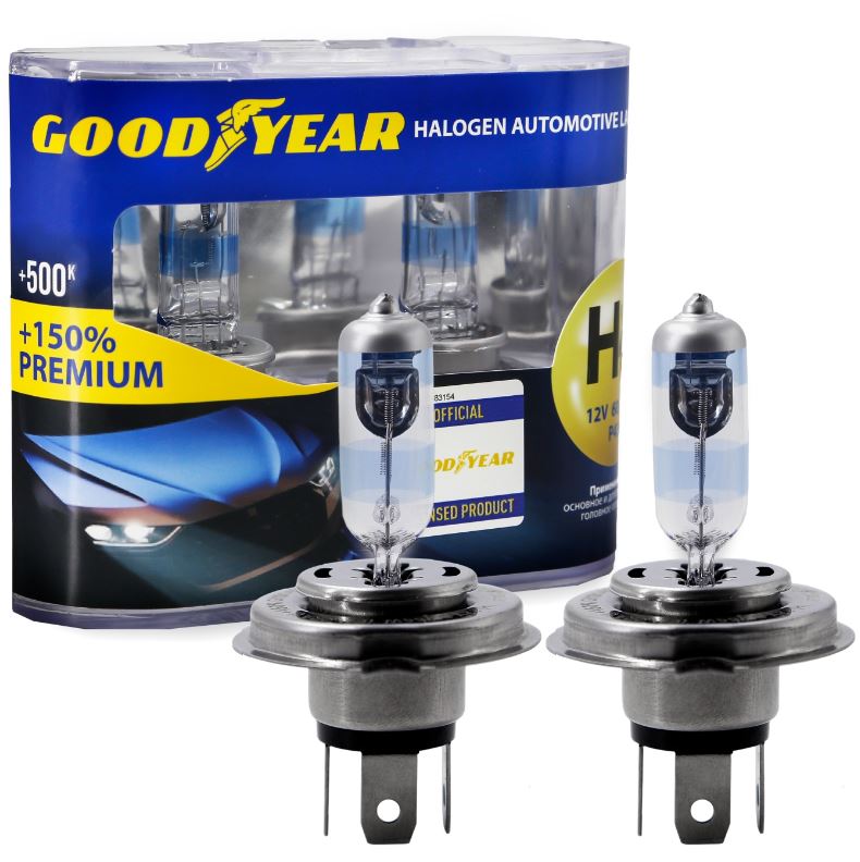 Лампа автомобильная галогенная Goodyear Н4 12V 60/55W P43t Premium +150% (бокс: к-т 2шт)
