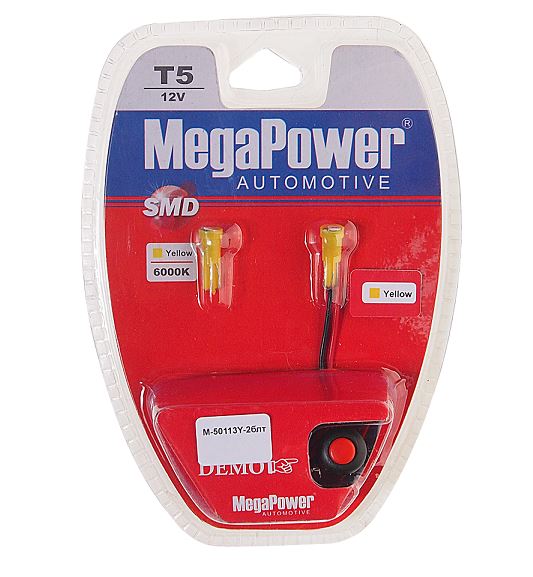 Автолампа светодиодная T5 (W2*4.6d) 1 SMD 3528 YELLOW блистер с тестером (2шт) 12V MEGAPOWER /1/25