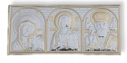 Икона автомобильная  "Святая троица" объёмная чеканка, серебро в золоте, скотч (размер 9,5*5см), 727
