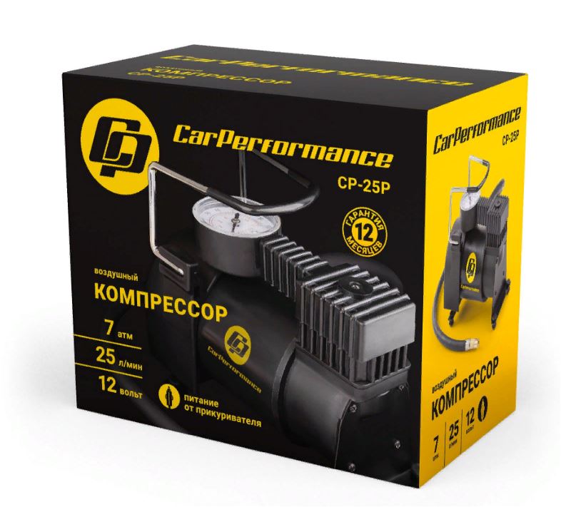 Компрессор  25 л/мин CAR PERFORMANCE 12V/9A, 80W, 7 Атм, пластиковый корпус, шланг 0,6 м., кабель пи