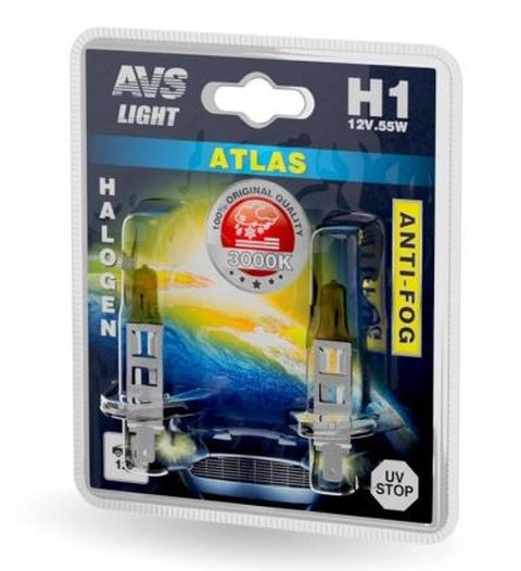 Автолампа галогенная AVS /ATLAS ANTI-FOG/желтый H1.12V.55W.блистер-2шт.