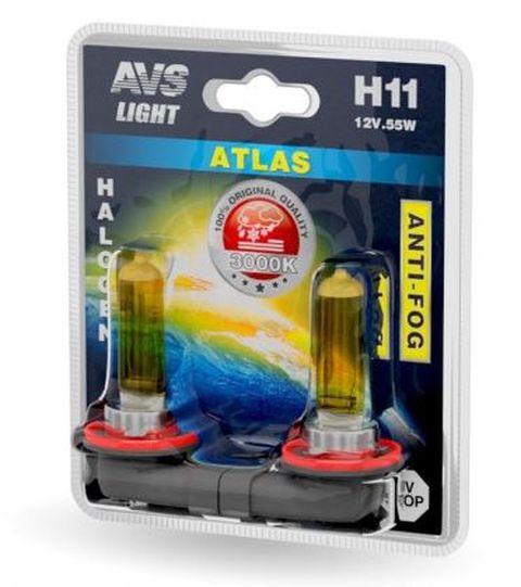 Автолампа галогенная AVS /ATLAS ANTI-FOG/желтый H11.12V.55W.блистер-2шт.