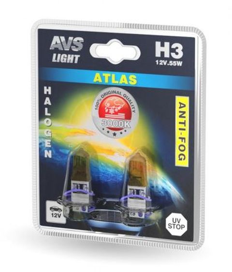 Автолампа галогенная AVS /ATLAS ANTI-FOG/желтый H3.12V.55W.блистер-2шт.