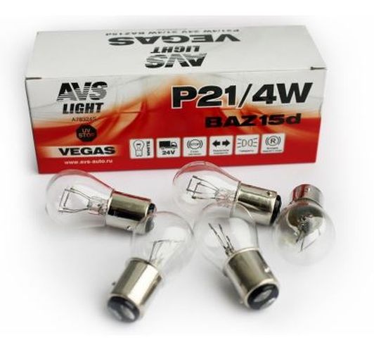 Автолампа AVS Vegas 24V. P21/4W(BAZ15d) BOX(10 шт.)смещ.штифт