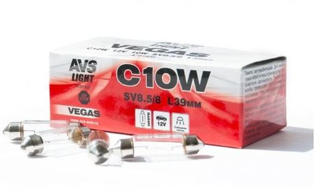 Автолампа AVS Vegas 12V.С10W(SV8.5/8)L39мм. BOX(10 шт.)