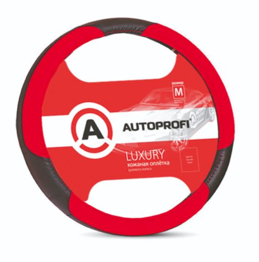 Оплётка на руль AUTOPROFI LUXURY натуральная кожа, чёрн./красный, разм.М, AP-1010 BK/RD (M)