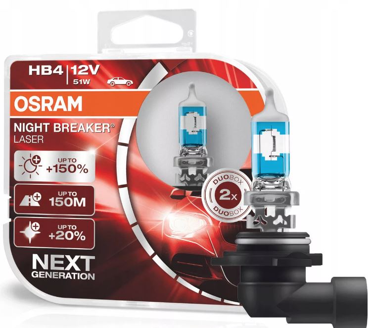 Автолампа HB4 (51) P22d+150% NIGHT BREAKER LASER 3950K (евробокс, 2шт) 12V OSRAM