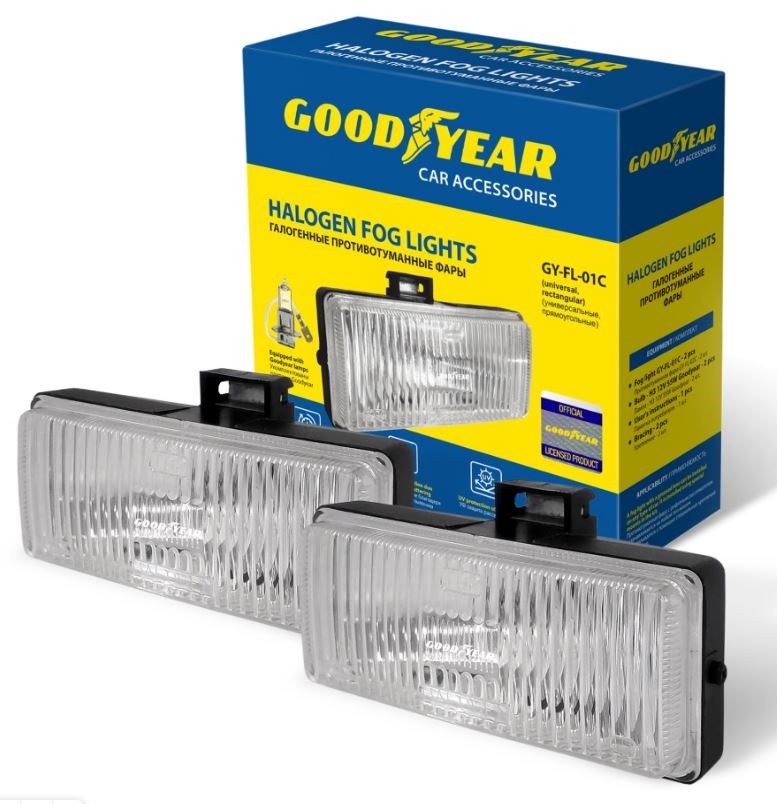 Фары противотуманные галогенные универсальные Goodyear с лампами Н3 (прямоугольные)