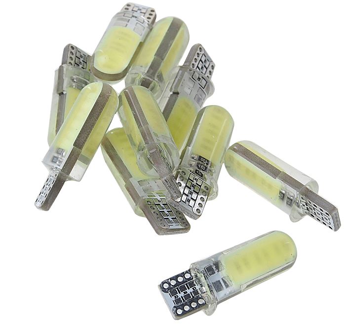 Автолампа T10W (W2,1x9,5d) 2COB 5050 WHITE 6000K в силиконе 12V MEGA ELECTRIC /10/