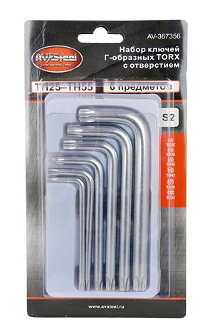 Набор ключей TORX  6пр. TН25-TН55 S2 с отверстием  Г-образных "AV Steel" AV-367356