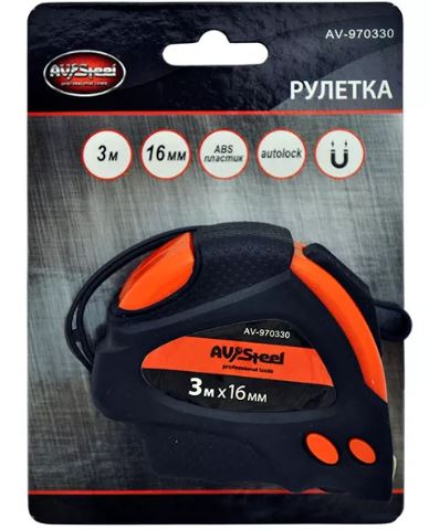 Рулетка  3м 16мм обрезиненный корпус с автостопом  "AV Steel" AV-970330