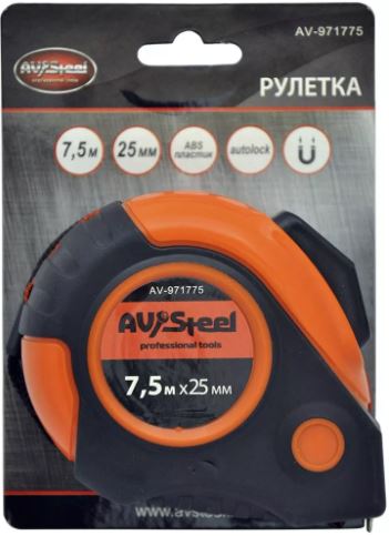 Рулетка  7,5м 25мм обрезиненный корпус с автостопом "AV Steel"
