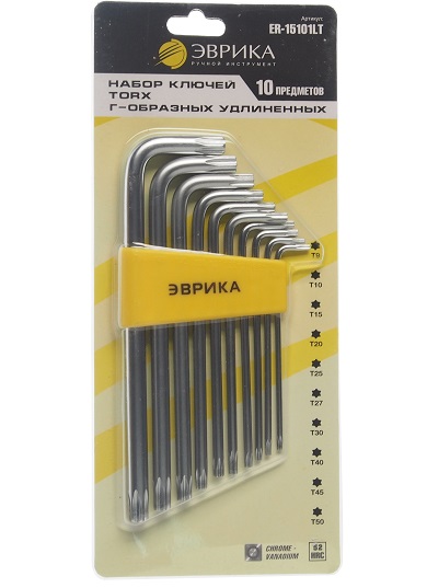 Набор ключей TORX 10пр.T9-T50 удлиненных ЭВРИКА ER-15101LT