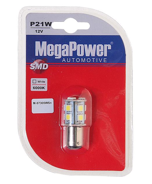 Автолампа P21/5W (BAY15d) 13 SMD 5050 WHITE блистер 260лм 6000K 12V MEGAPOWER /1/50