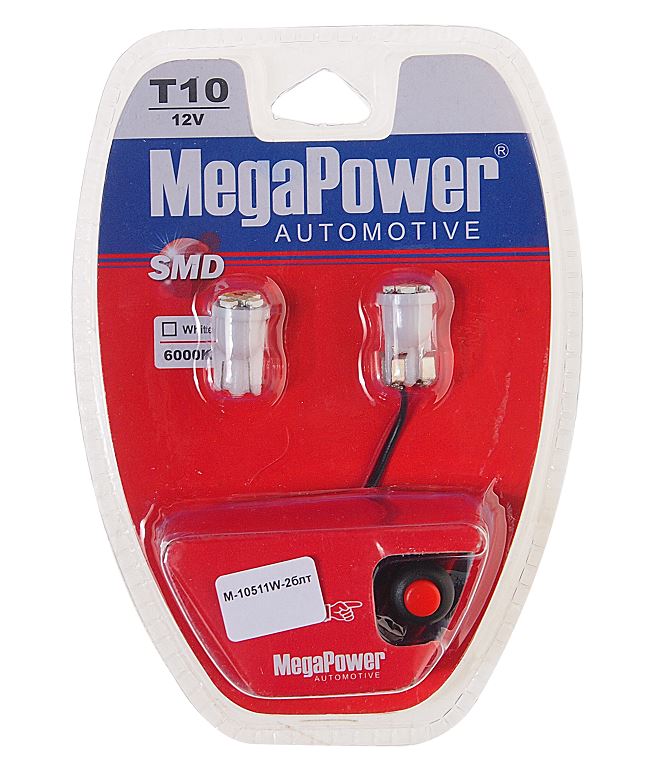 Автолампа T10W (W2,1x9,5d) 6 SMD 3528 WHITE блистер с тестером (2шт) 6000K 108лм   12V MEGAPOWER /1