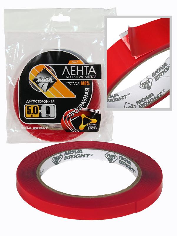 Скотч двухсторонний  9 мм х 5м красный + прозрачный (акриловая основа), "Nova Bright-fusion"  /1/25/